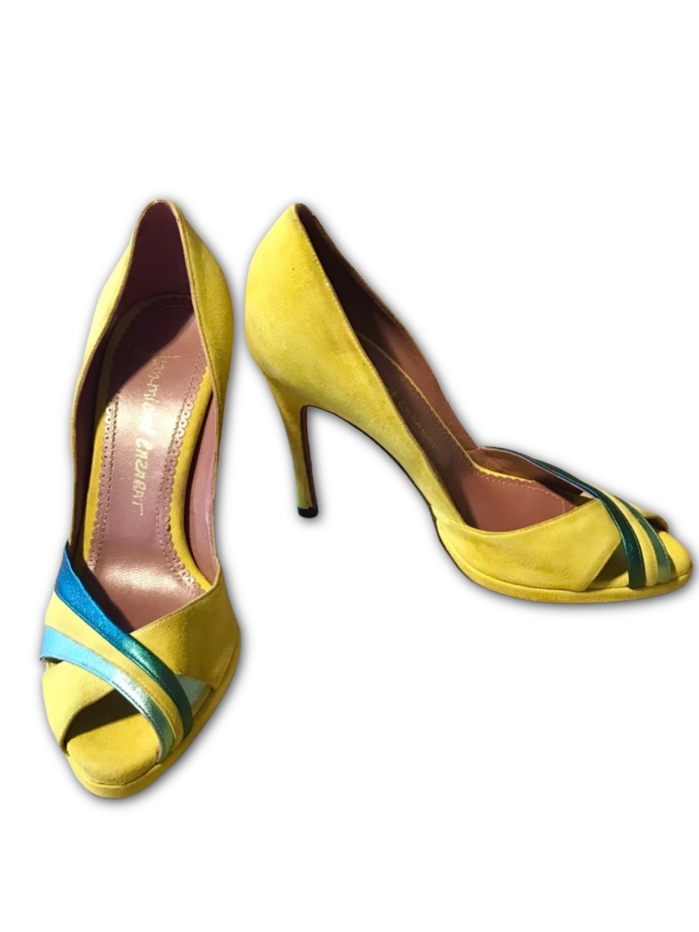JEAN-MICHEL CAZABAT PARIS YELLOW SUEDE AND TEAL LEATHER ACCENT HEELS (37)